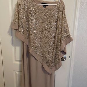 R & M Richards Metallic Sequin Asymmetric Lace Capelet Poncho Popover Dress Size